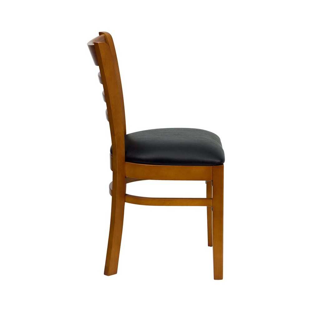 Ladder Back Cherry Wood Restaurant Chair - Black Vinyl Seat
