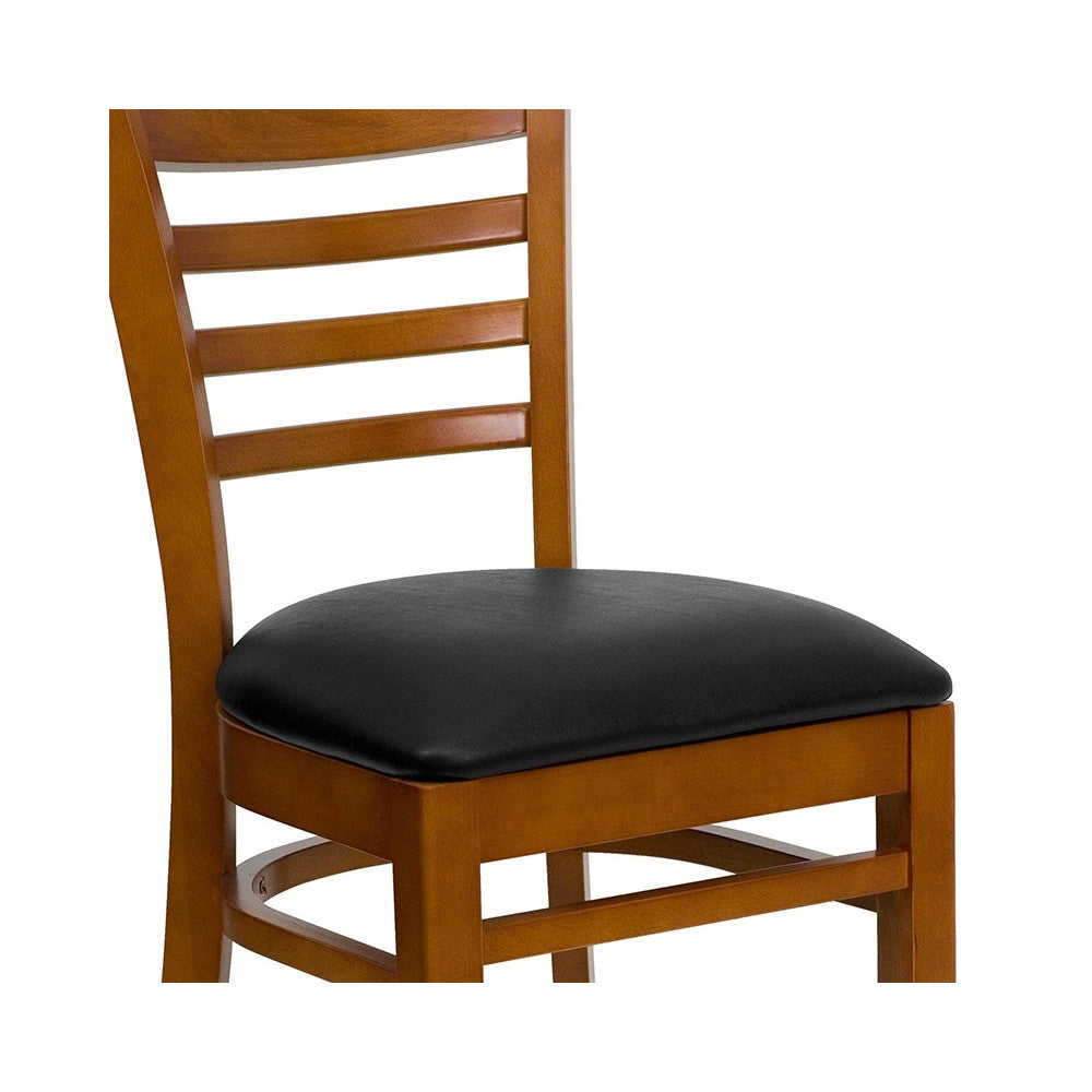 Ladder Back Cherry Wood Restaurant Chair - Black Vinyl Seat