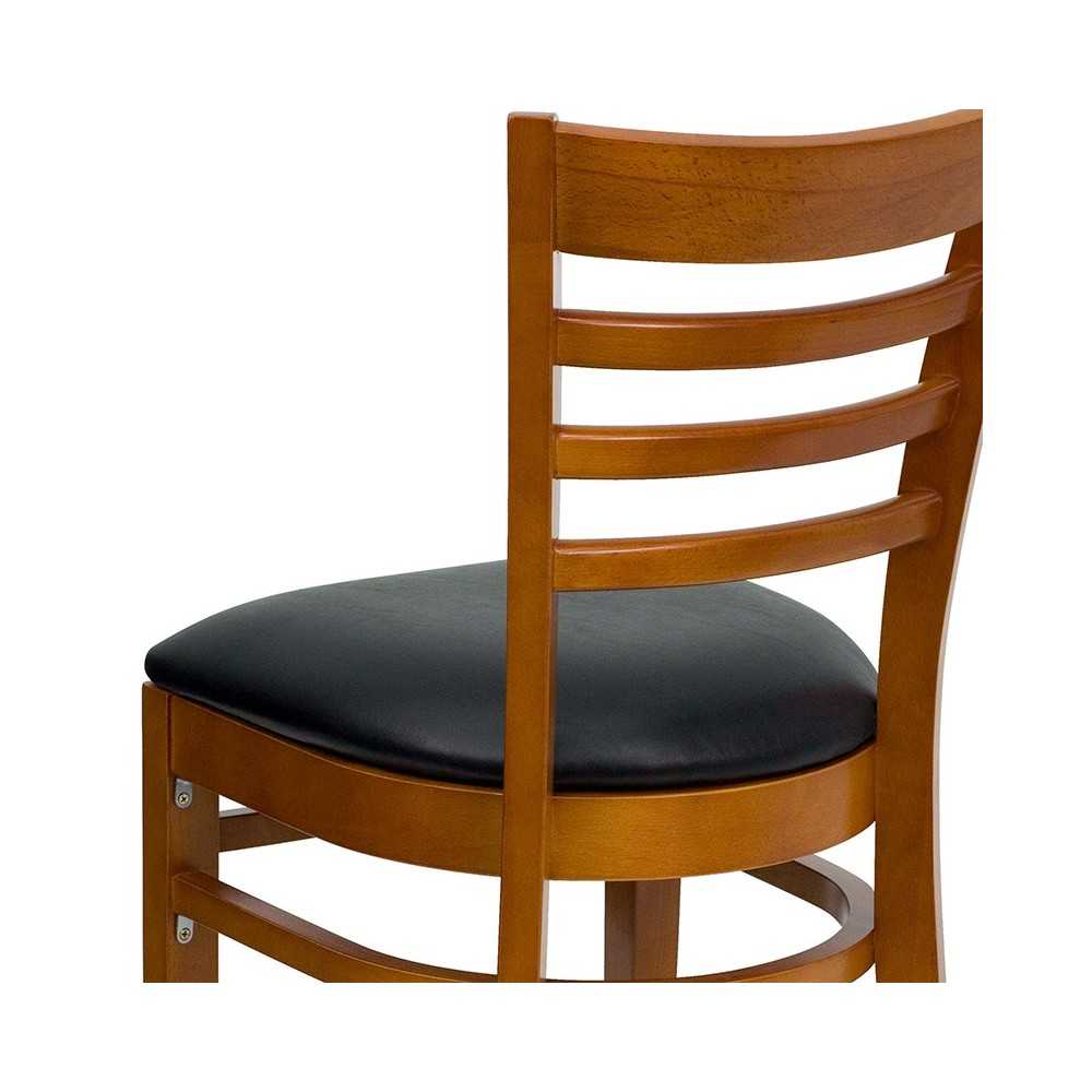 Ladder Back Cherry Wood Restaurant Chair - Black Vinyl Seat