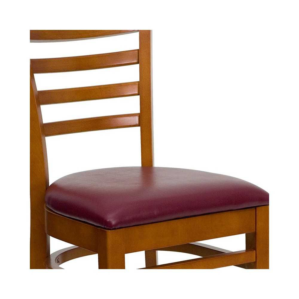 Ladder Back Cherry Wood Restaurant Chair - Burgundy Vinyl Seat