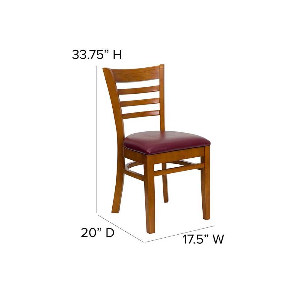 Ladder Back Cherry Wood Restaurant Chair - Burgundy Vinyl Seat
