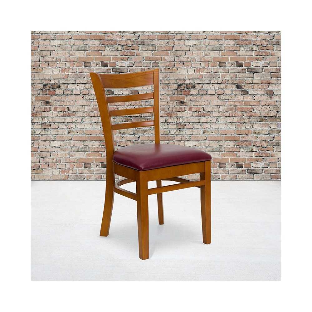 Ladder Back Cherry Wood Restaurant Chair - Burgundy Vinyl Seat