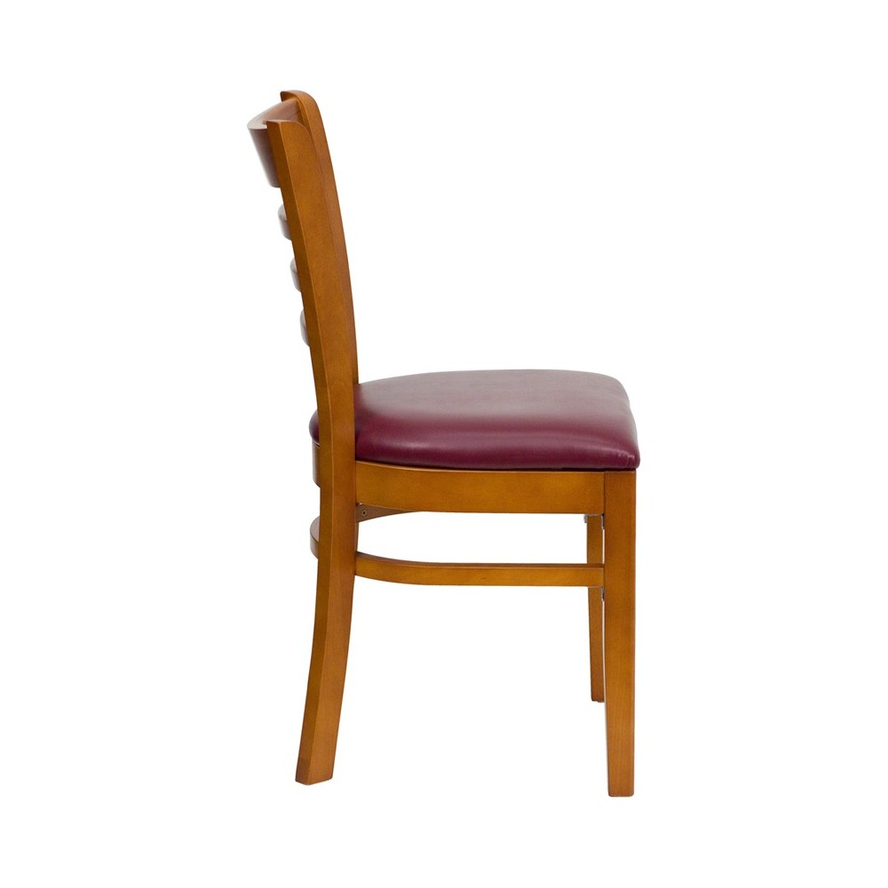 Ladder Back Cherry Wood Restaurant Chair - Burgundy Vinyl Seat
