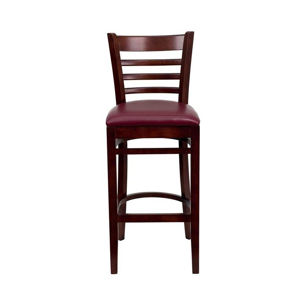 Ladder Back Mahogany Wood Restaurant Barstool - Burgundy Vinyl Seat