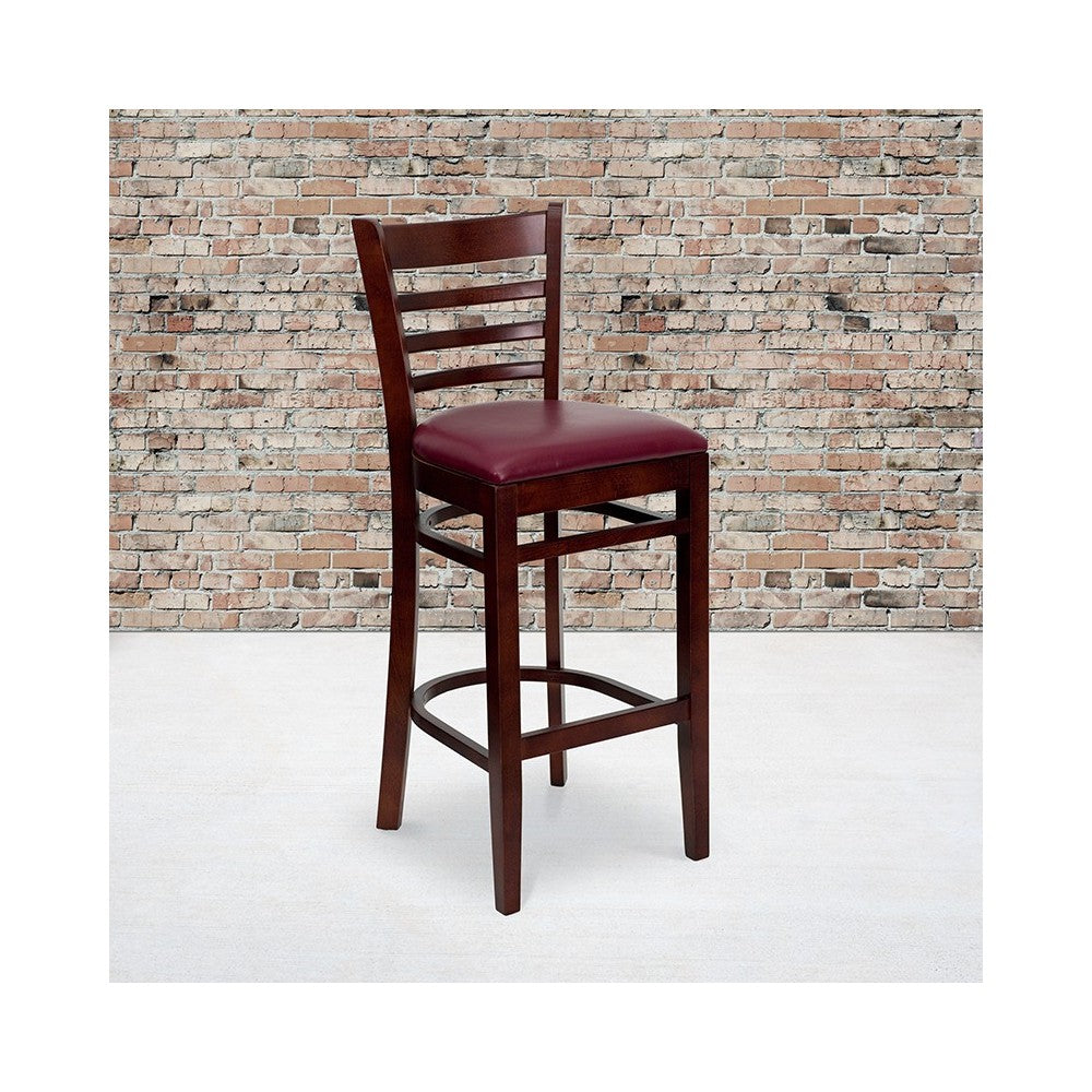 Ladder Back Mahogany Wood Restaurant Barstool - Burgundy Vinyl Seat