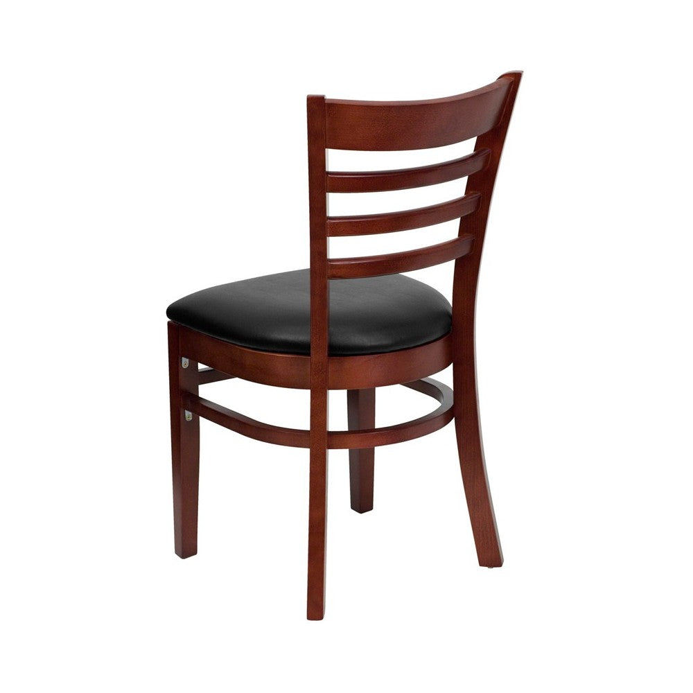 Ladder Back Mahogany Wood Restaurant Chair - Black Vinyl Seat