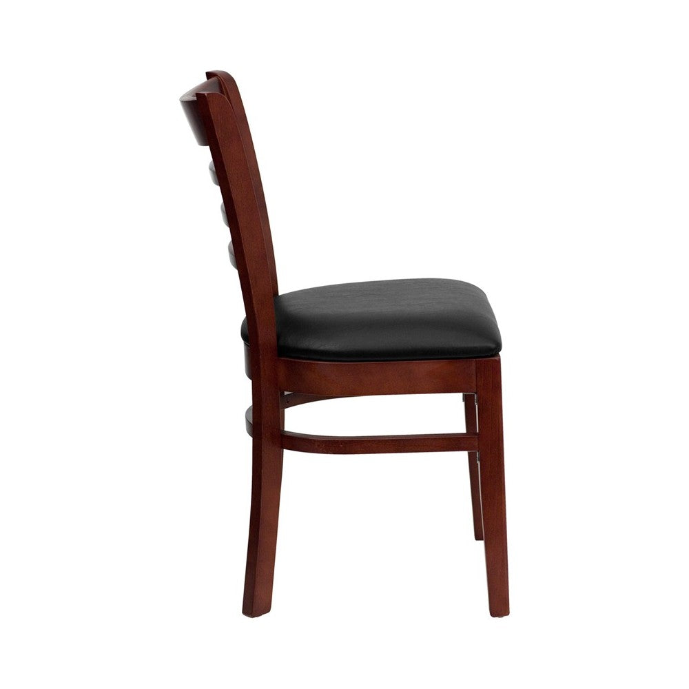 Ladder Back Mahogany Wood Restaurant Chair - Black Vinyl Seat