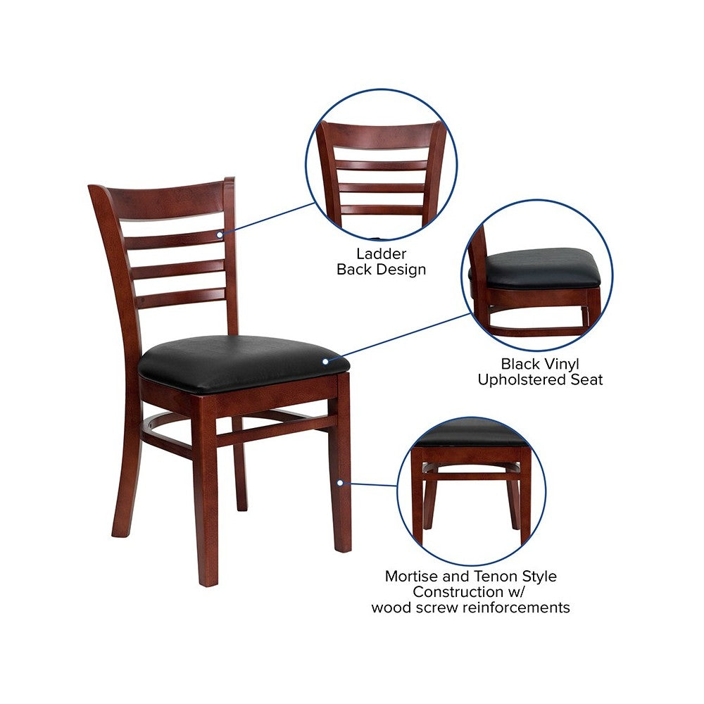 Ladder Back Mahogany Wood Restaurant Chair - Black Vinyl Seat