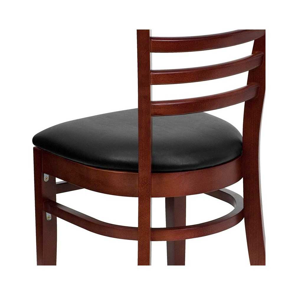 Ladder Back Mahogany Wood Restaurant Chair - Black Vinyl Seat