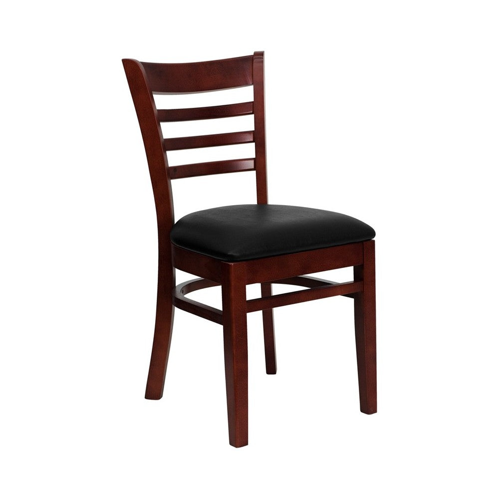 Ladder Back Mahogany Wood Restaurant Chair - Black Vinyl Seat