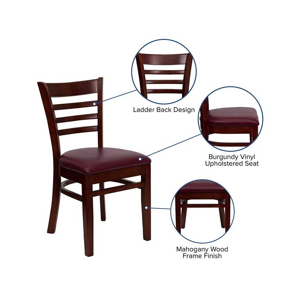 Ladder Back Mahogany Wood Restaurant Chair - Burgundy Vinyl Seat