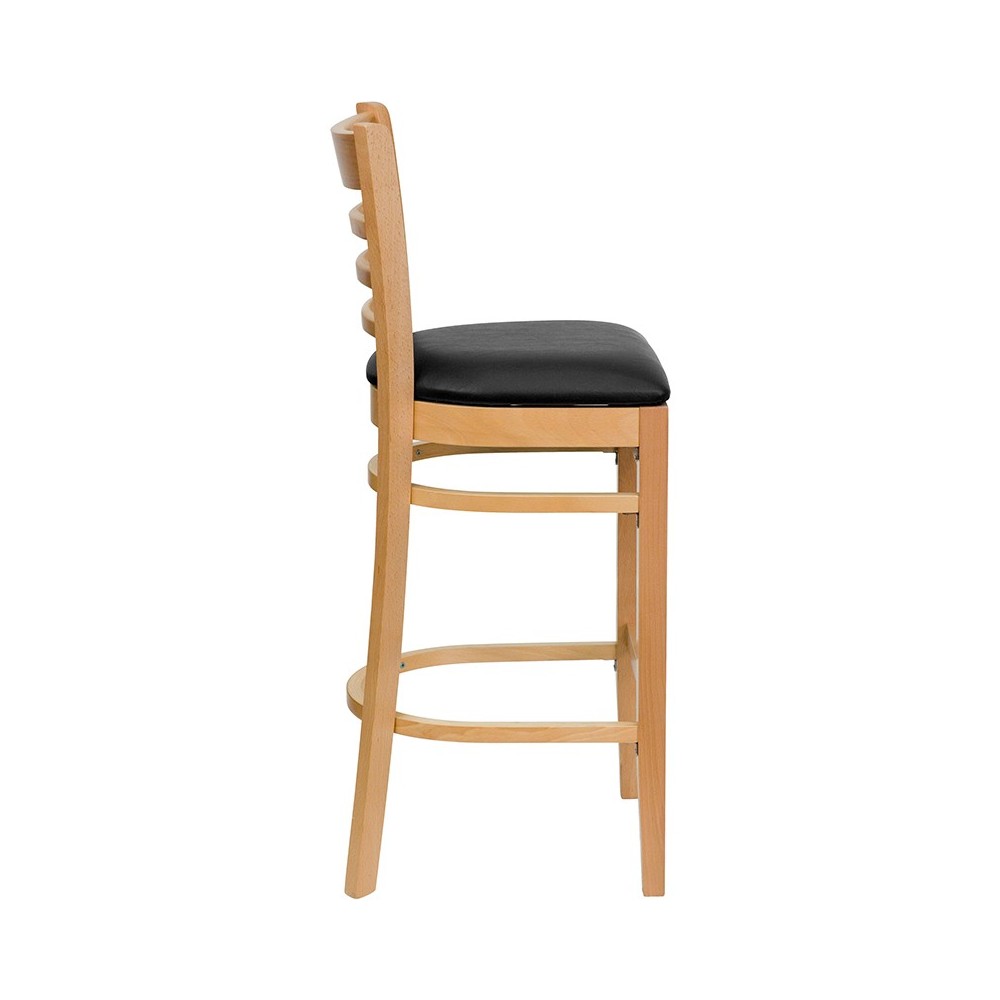 Ladder Back Natural Wood Restaurant Barstool - Black Vinyl Seat