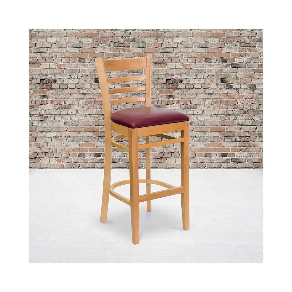 Ladder Back Natural Wood Restaurant Barstool - Burgundy Vinyl Seat