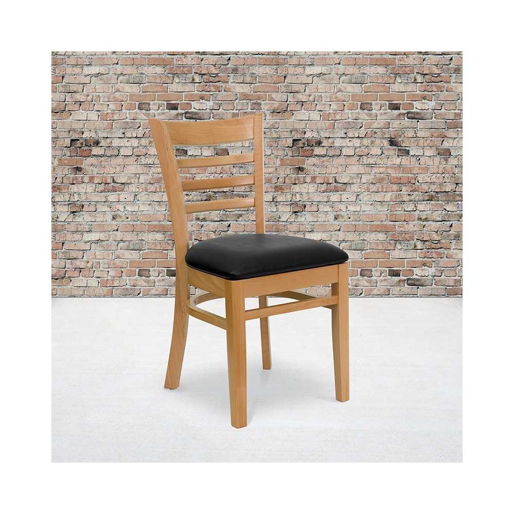 Ladder Back Natural Wood Restaurant Chair - Black Vinyl Seat