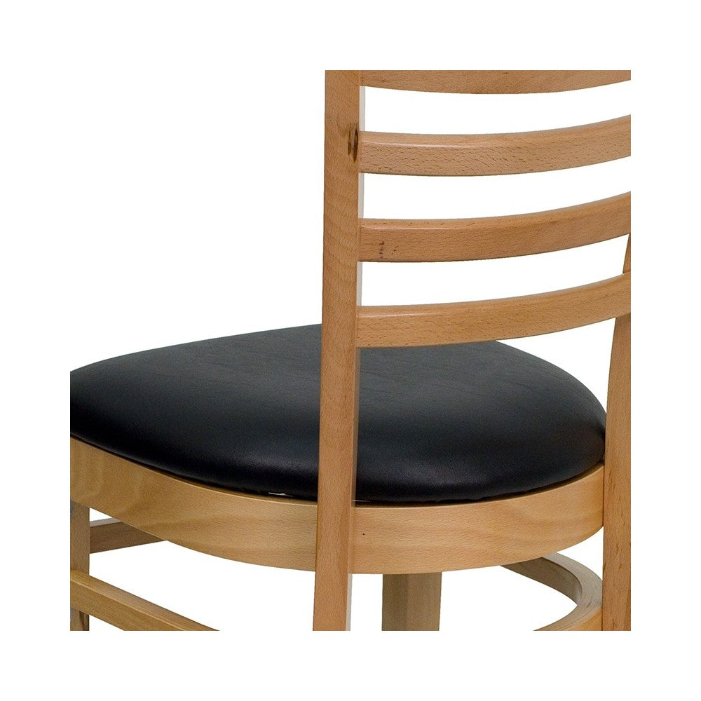 Ladder Back Natural Wood Restaurant Chair - Black Vinyl Seat