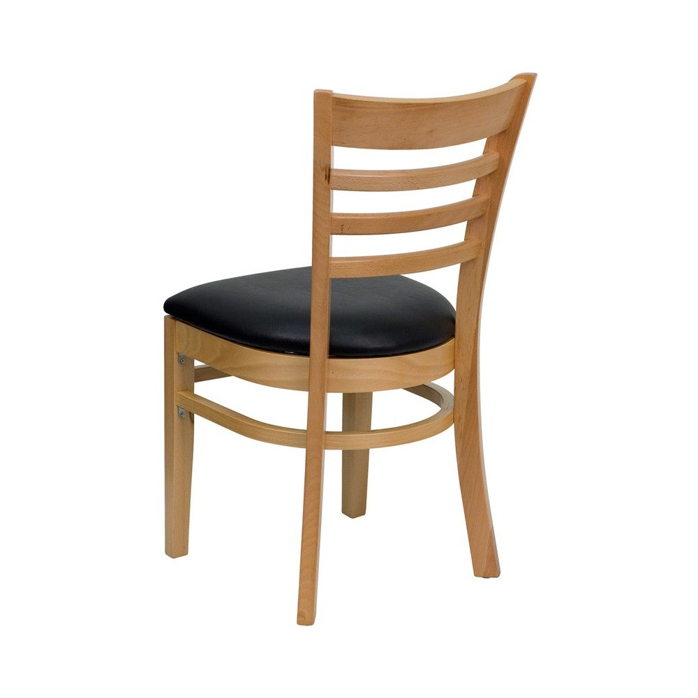 Ladder Back Natural Wood Restaurant Chair - Black Vinyl Seat