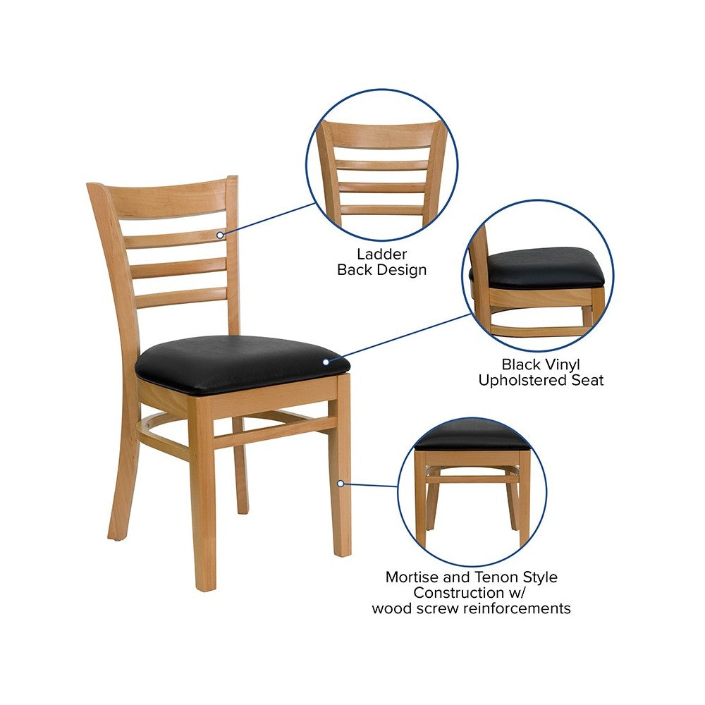 Ladder Back Natural Wood Restaurant Chair - Black Vinyl Seat