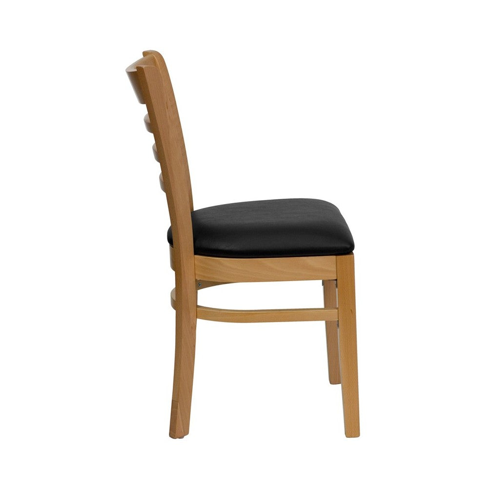 Ladder Back Natural Wood Restaurant Chair - Black Vinyl Seat