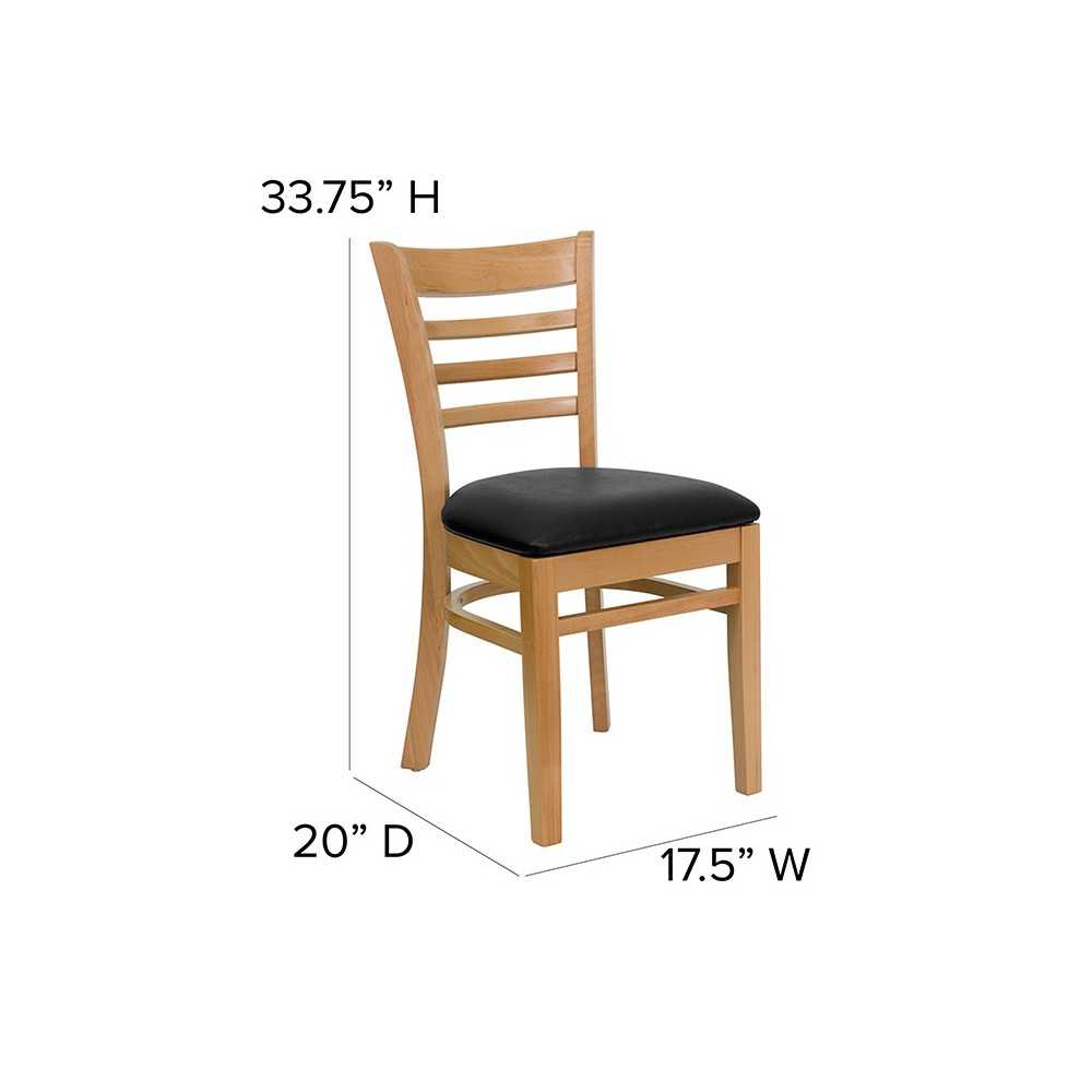 Ladder Back Natural Wood Restaurant Chair - Black Vinyl Seat