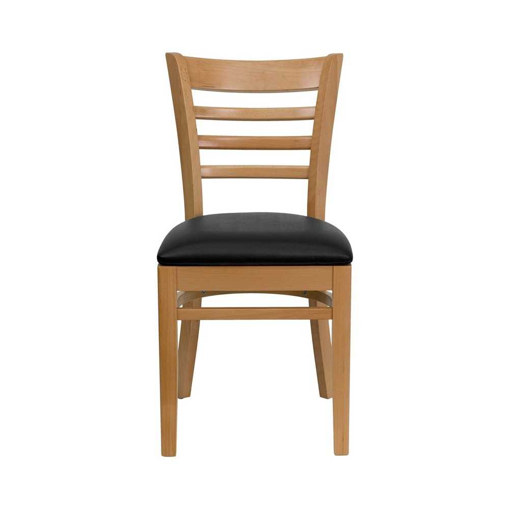 Ladder Back Natural Wood Restaurant Chair - Black Vinyl Seat