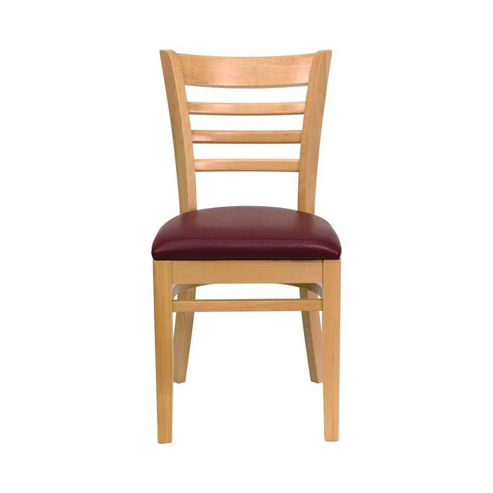Ladder Back Natural Wood Restaurant Chair - Burgundy Vinyl Seat