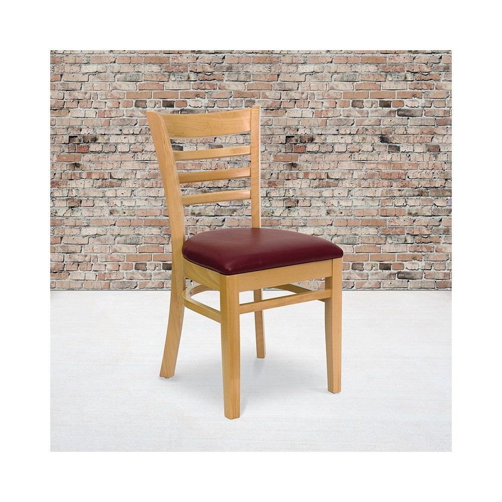 Ladder Back Natural Wood Restaurant Chair - Burgundy Vinyl Seat
