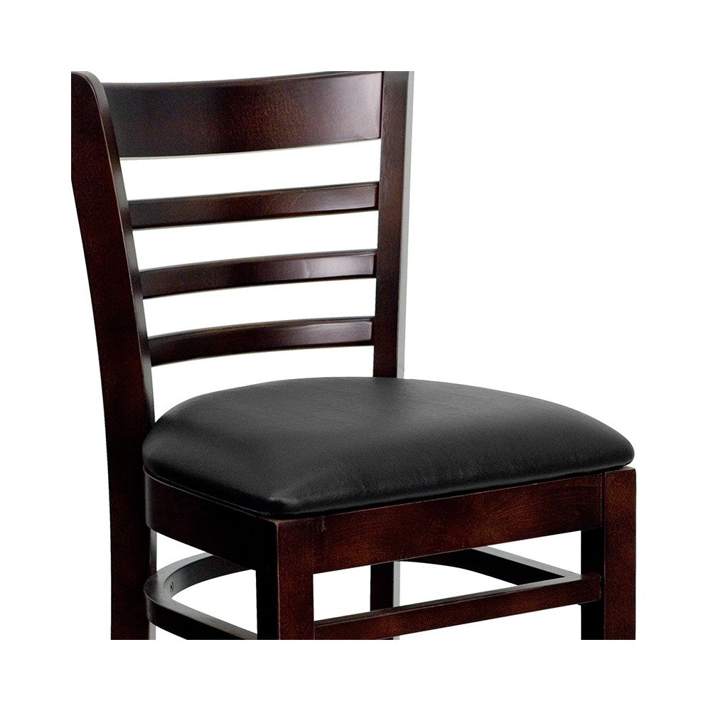 Ladder Back Walnut Wood Restaurant Barstool - Black Vinyl Seat
