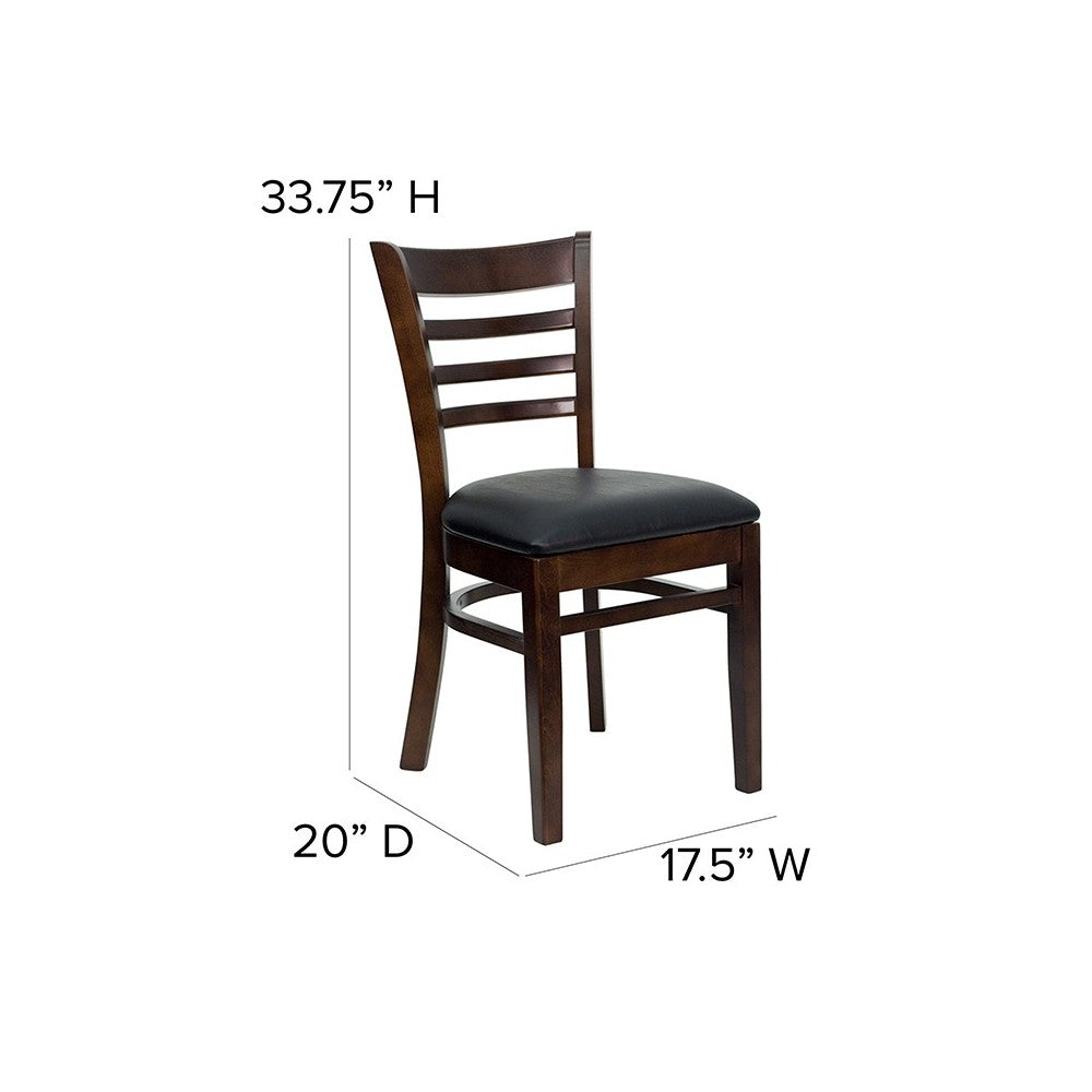 Ladder Back Walnut Wood Restaurant Chair - Black Vinyl Seat