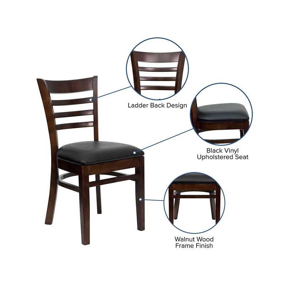Ladder Back Walnut Wood Restaurant Chair - Black Vinyl Seat