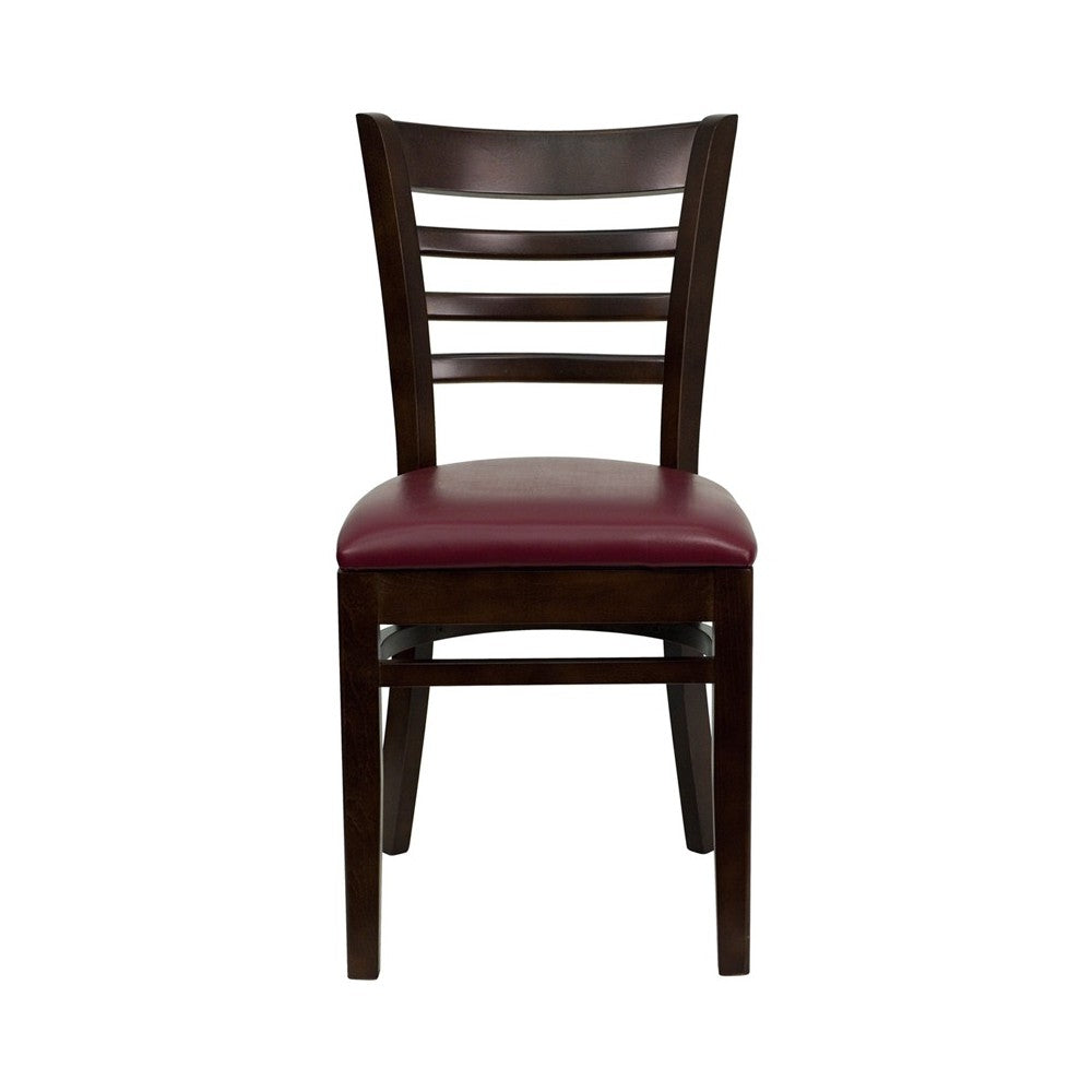 Ladder Back Walnut Wood Restaurant Chair - Burgundy Vinyl Seat