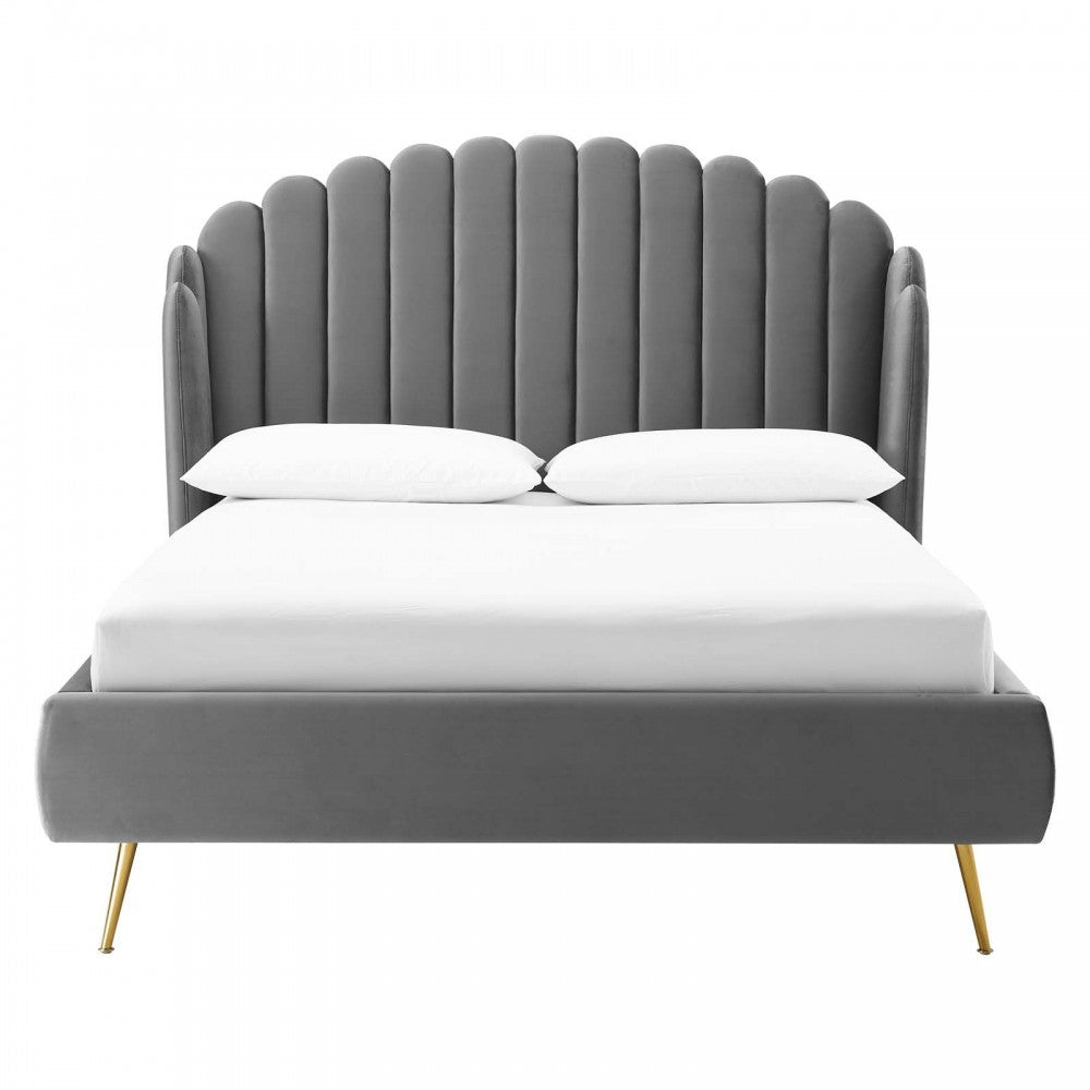 Lana Queen Performance Velvet Wingback Platform Bed, Gray