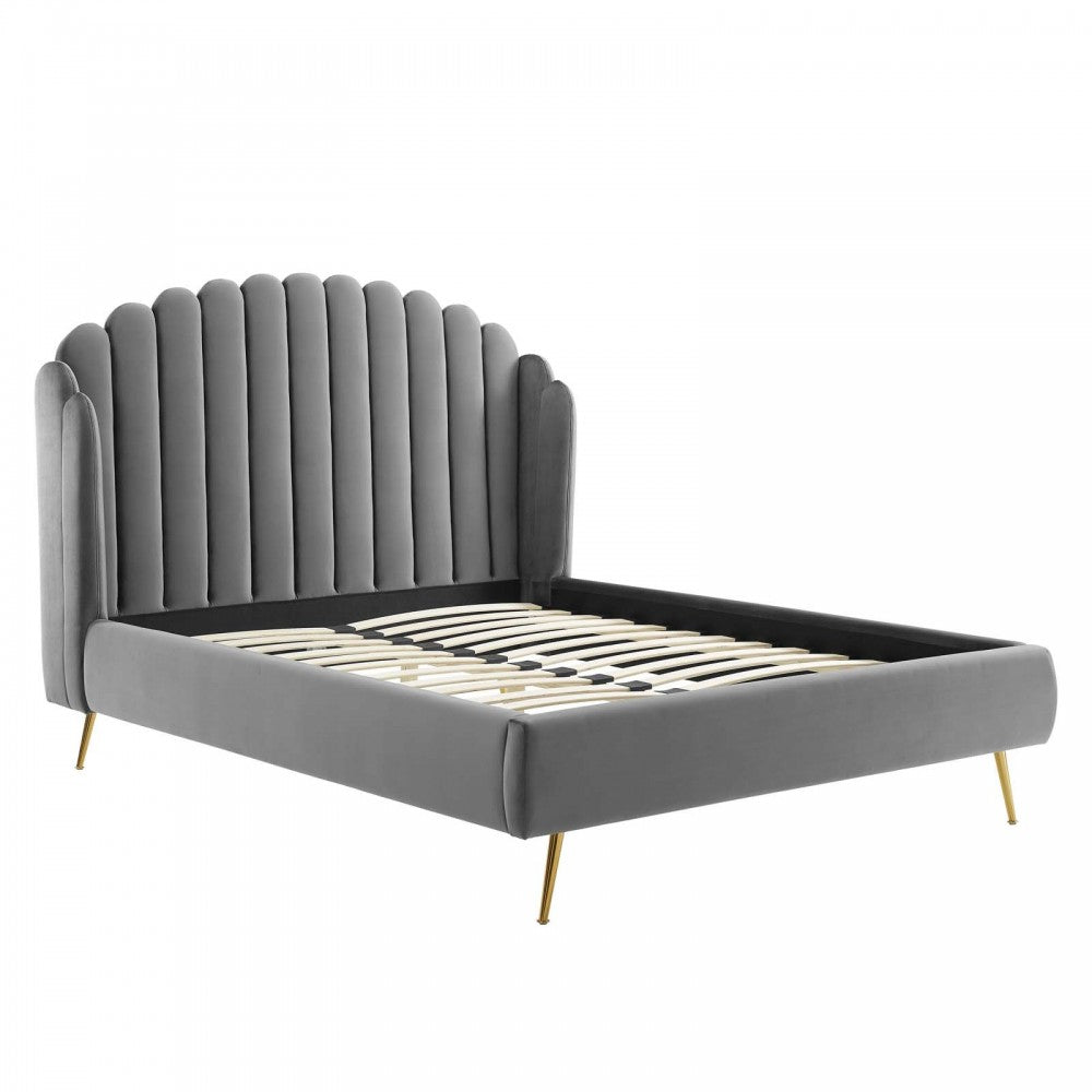 Lana Queen Performance Velvet Wingback Platform Bed, Gray