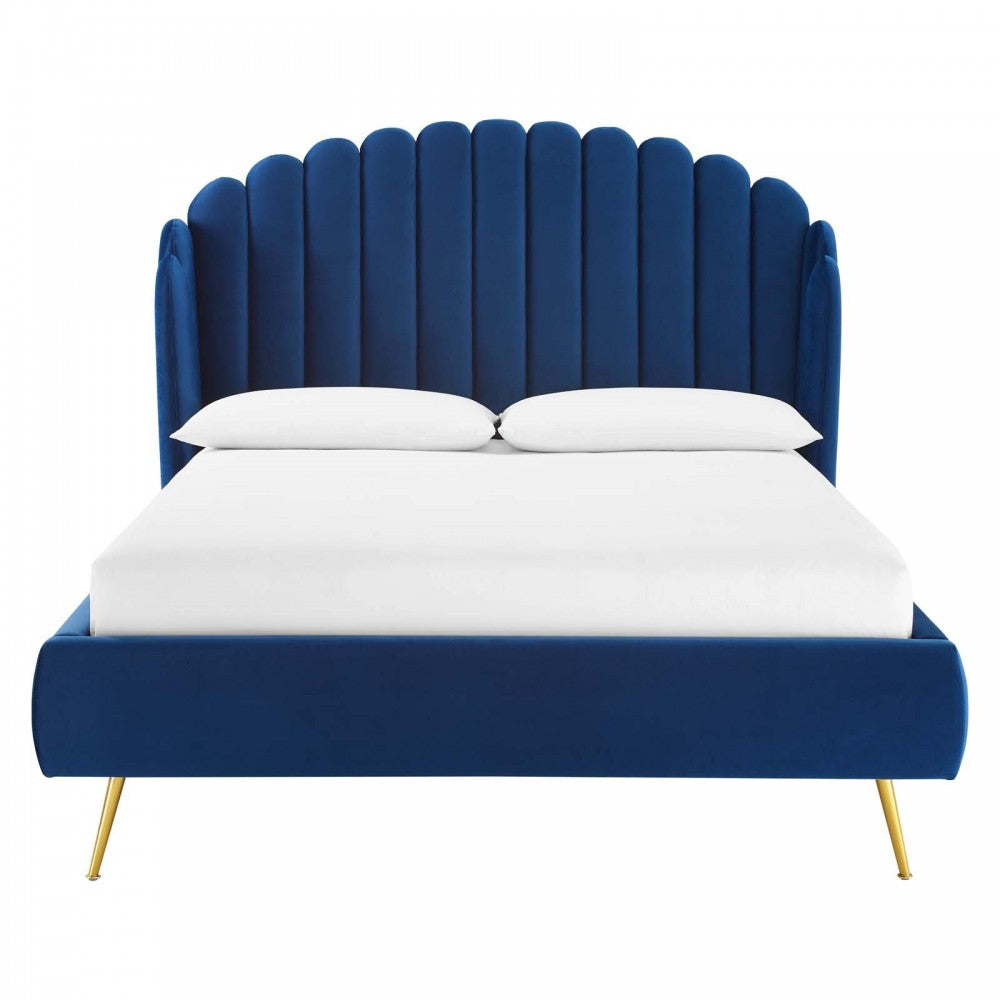 Lana Queen Performance Velvet Wingback Platform Bed, Navy