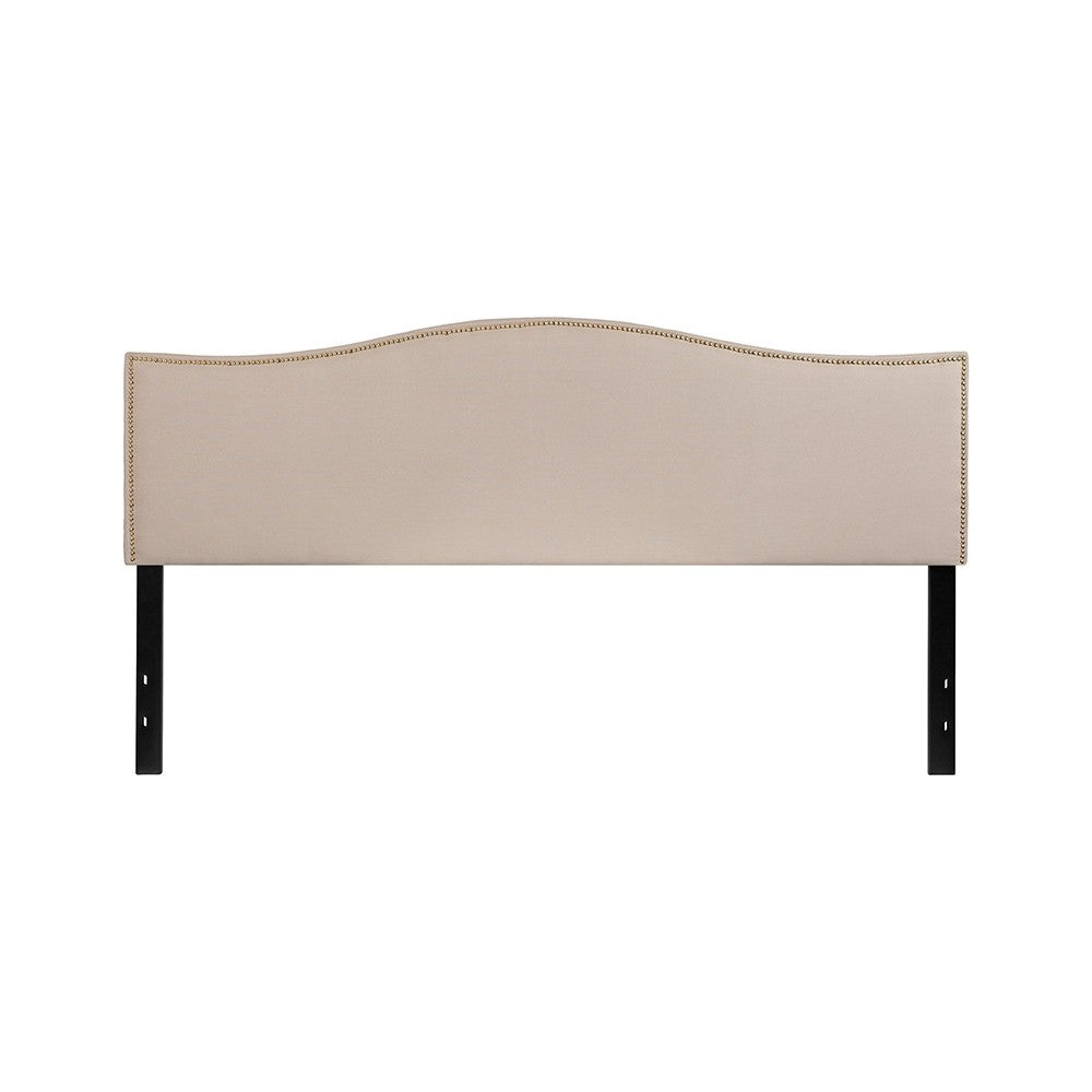 Lexington Upholstered King Size Headboard with Accent Nail Trim in Beige Fabric