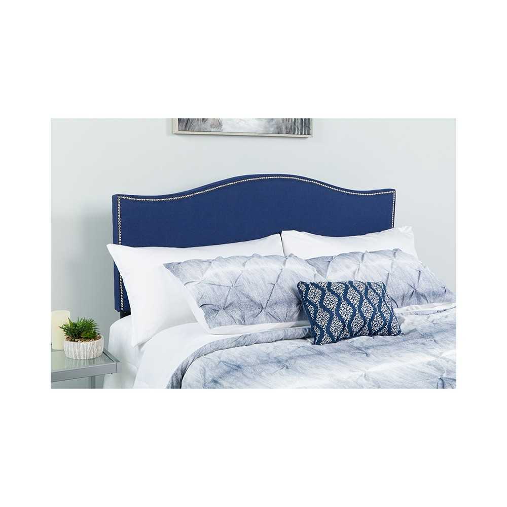 Lexington Upholstered Queen Size Headboard with Accent Nail Trim in Navy Fabric