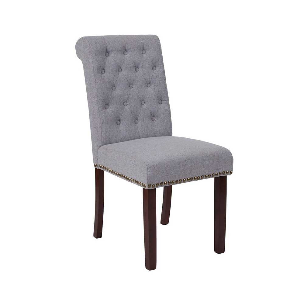 Light Gray Fabric Parsons Chair with Rolled Back, Accent Nail Trim and Walnut Finish
