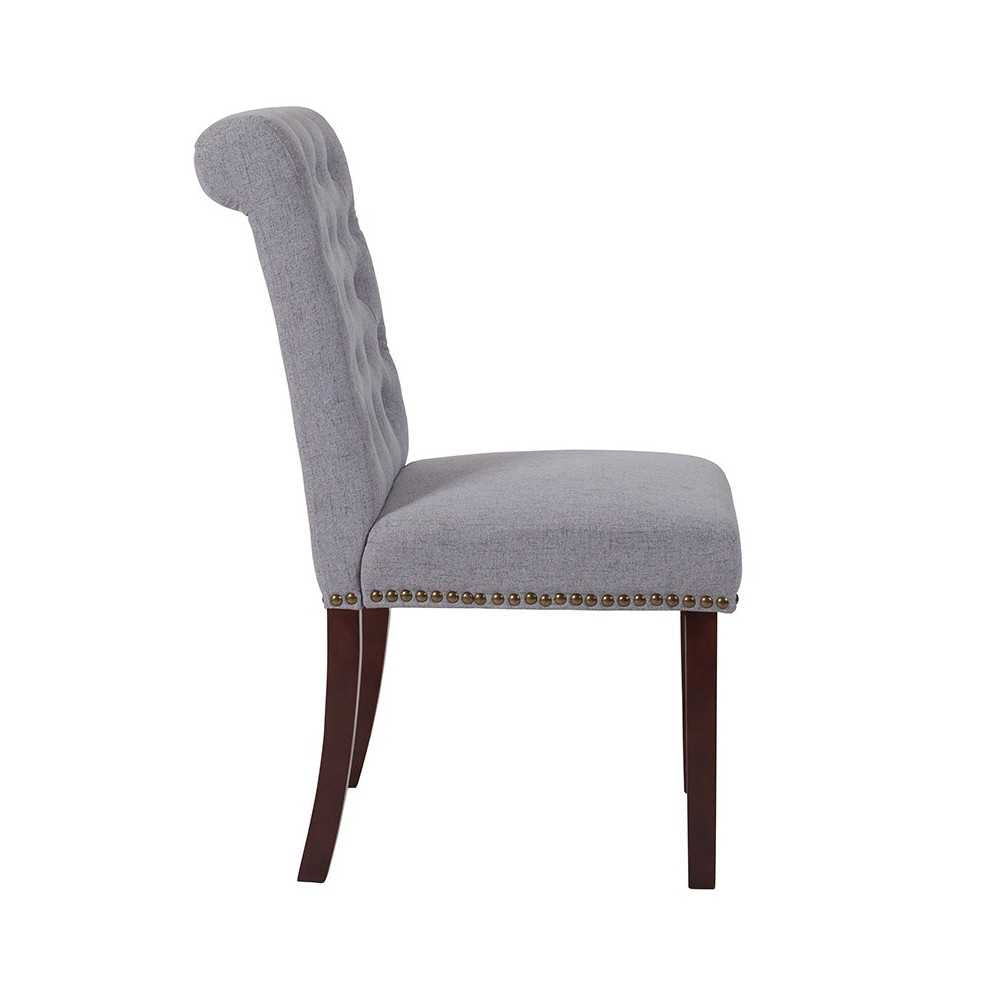 Light Gray Fabric Parsons Chair with Rolled Back, Accent Nail Trim and Walnut Finish