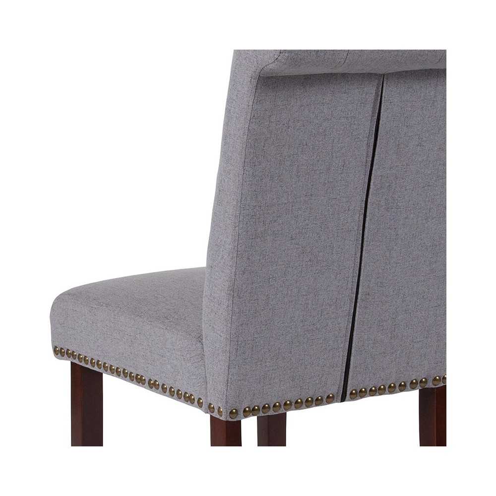 Light Gray Fabric Parsons Chair with Rolled Back, Accent Nail Trim and Walnut Finish
