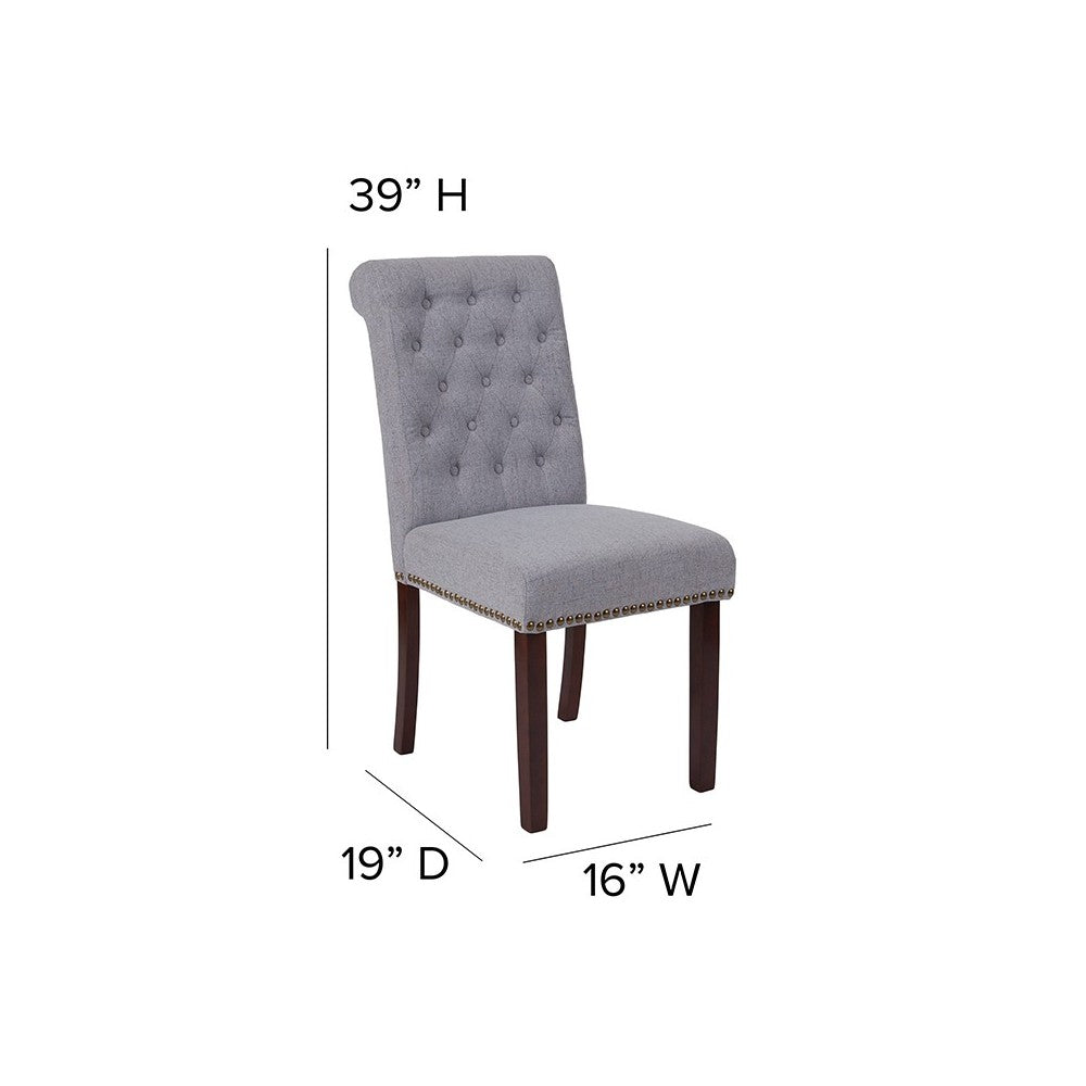 Light Gray Fabric Parsons Chair with Rolled Back, Accent Nail Trim and Walnut Finish