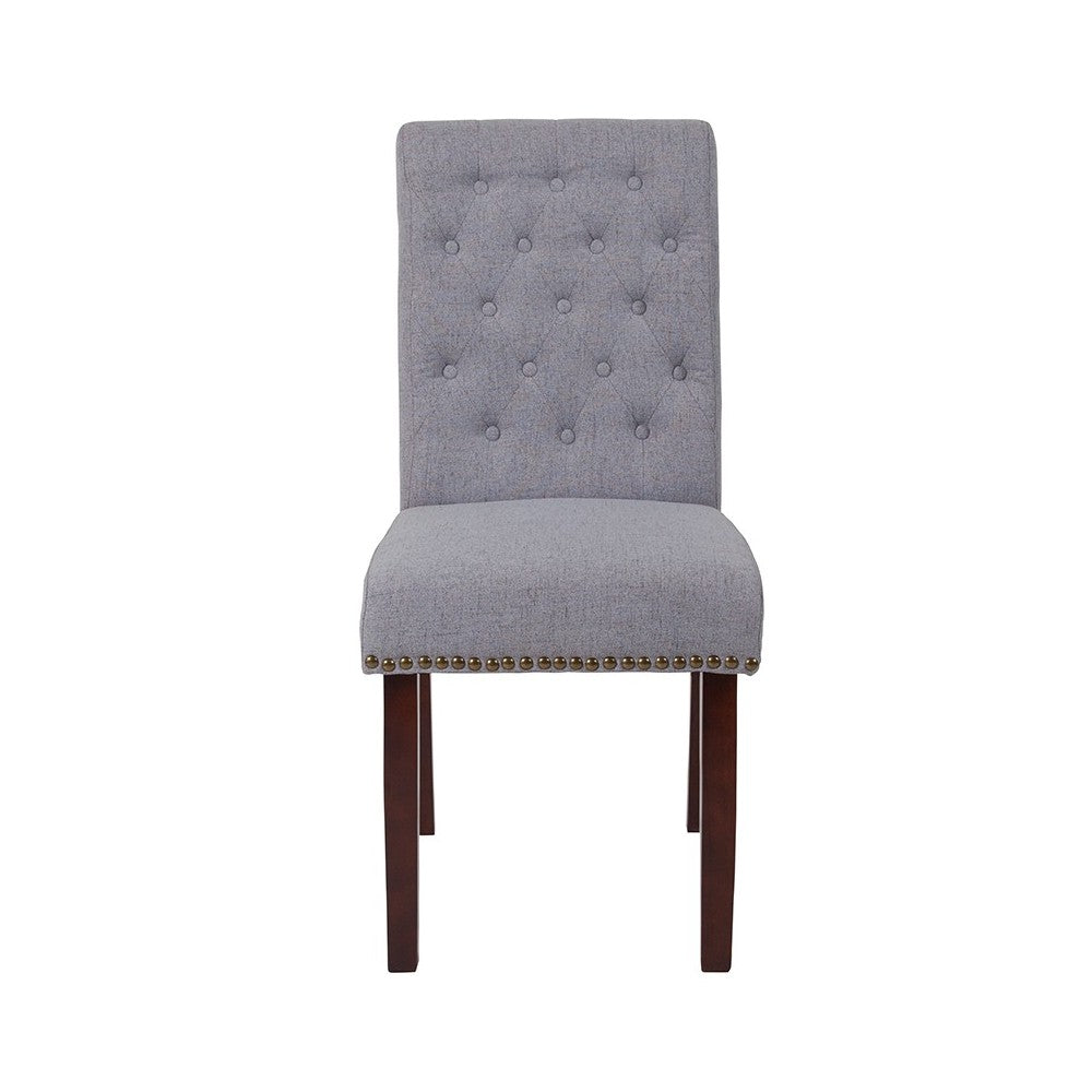 Light Gray Fabric Parsons Chair with Rolled Back, Accent Nail Trim and Walnut Finish