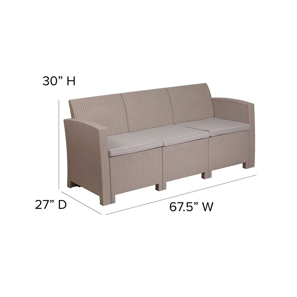 Light Gray Faux Rattan Sofa with All-Weather Light Gray Cushions