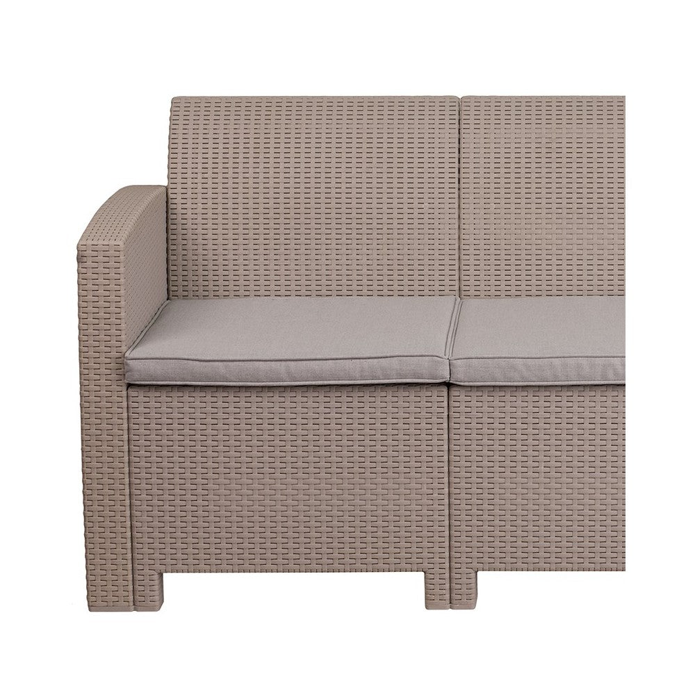 Light Gray Faux Rattan Sofa with All-Weather Light Gray Cushions