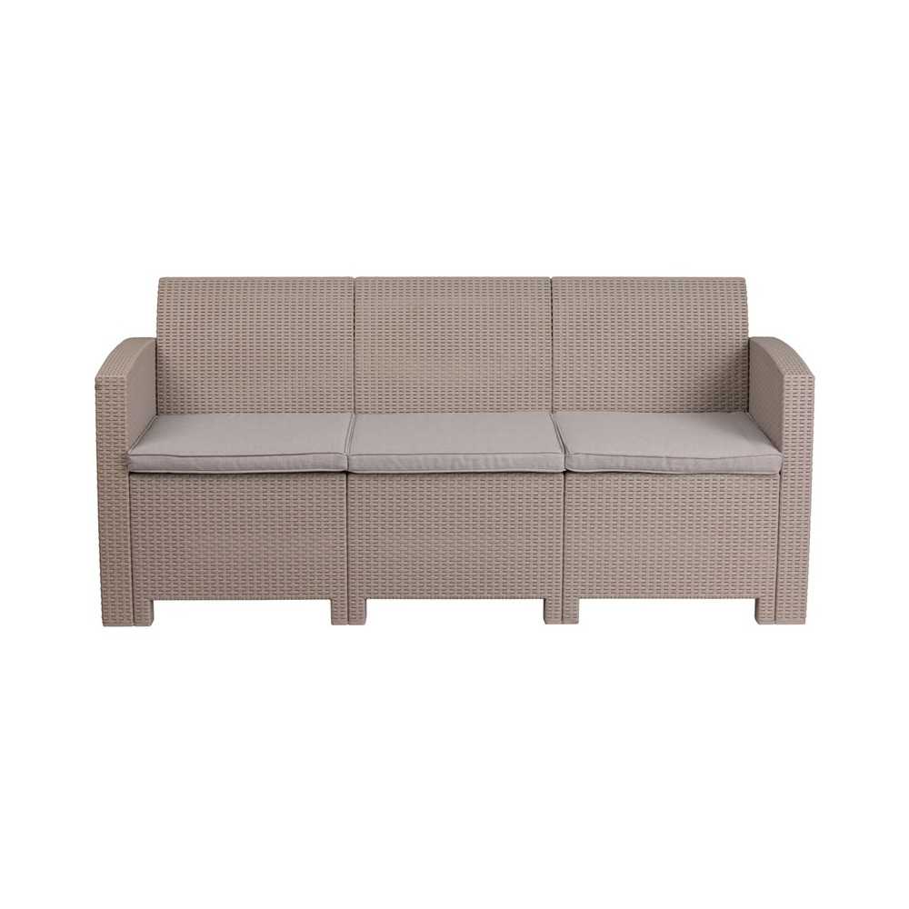 Light Gray Faux Rattan Sofa with All-Weather Light Gray Cushions