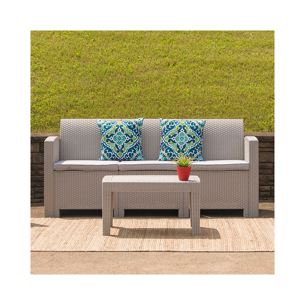 Light Gray Faux Rattan Sofa with All-Weather Light Gray Cushions