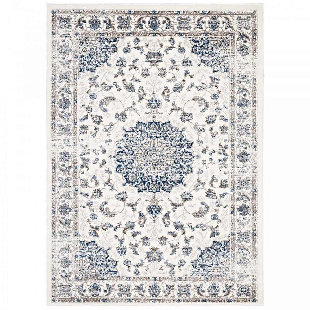 Lilja Distressed Vintage Persian Medallion 5x8 Area Rug, Ivory and Moroccan Blue
