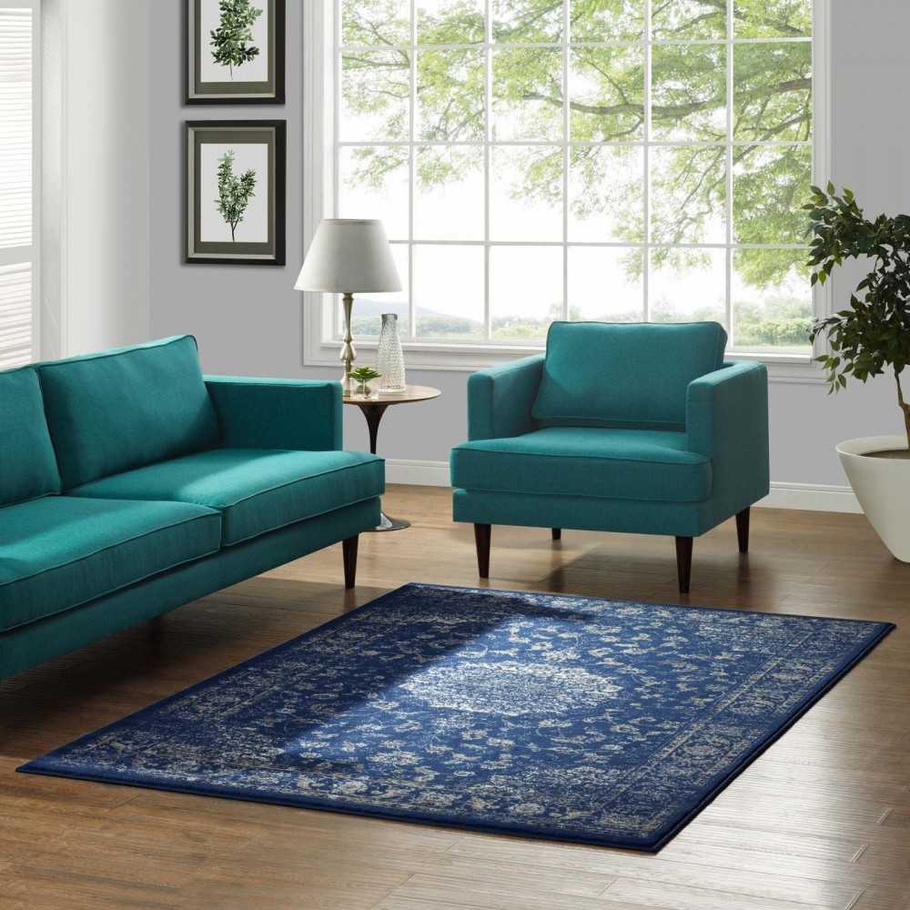 Lilja Distressed Vintage Persian Medallion 8x10 Area Rug, Moroccan Blue, Beige and Ivory