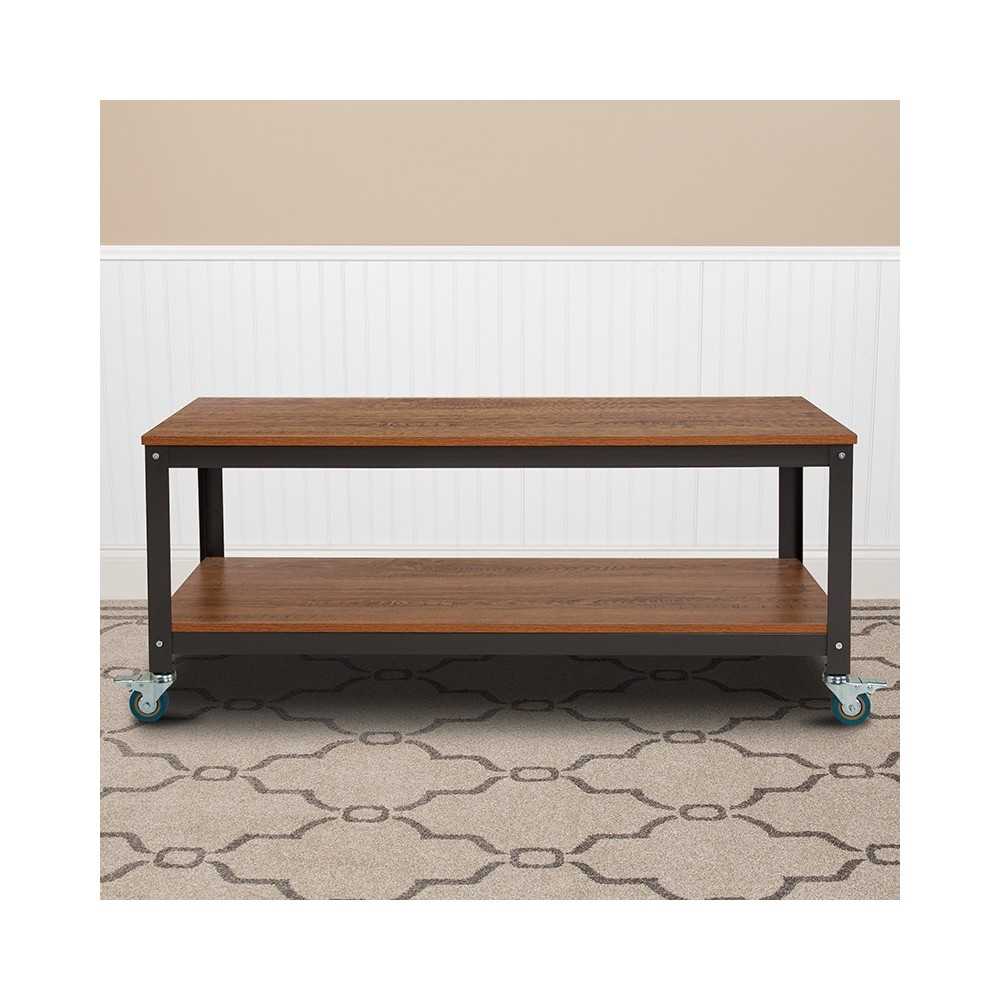 Livingston Collection TV Stand in Brown Oak Wood Grain Finish with Metal Wheels