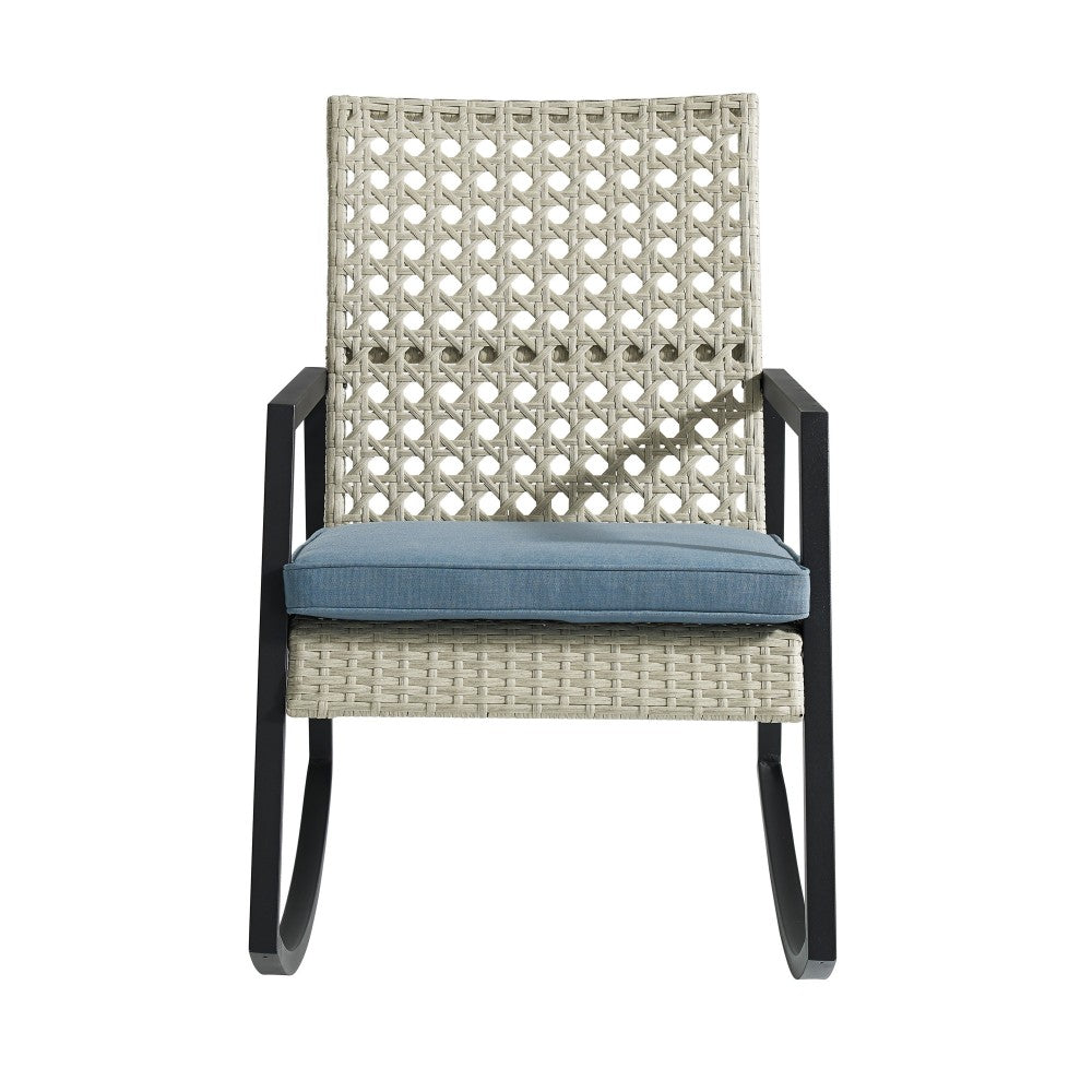 Liza Modern Patio Cane Weave Rattan Rocking Chair - Light Gray/Blue