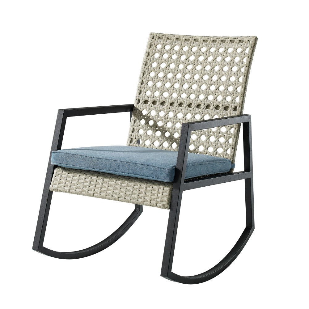 Liza Modern Patio Cane Weave Rattan Rocking Chair - Light Gray/Blue