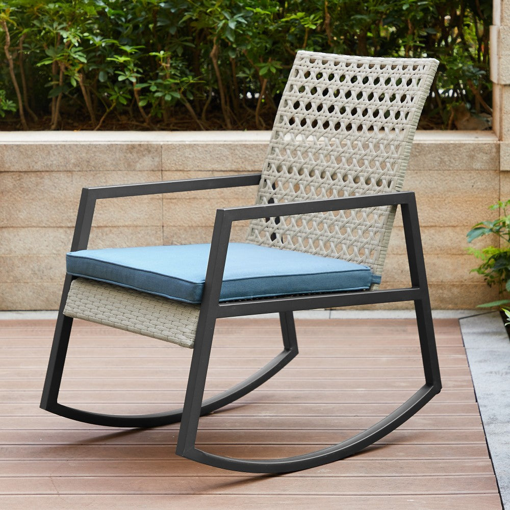 Liza Modern Patio Cane Weave Rattan Rocking Chair - Light Gray/Blue